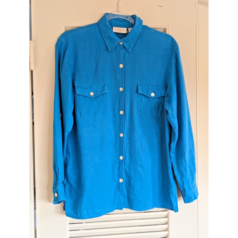 Vintage 1990s 100% Linen Button Down Shirt Turquoise Roll-Tab Sleeves Size S/M